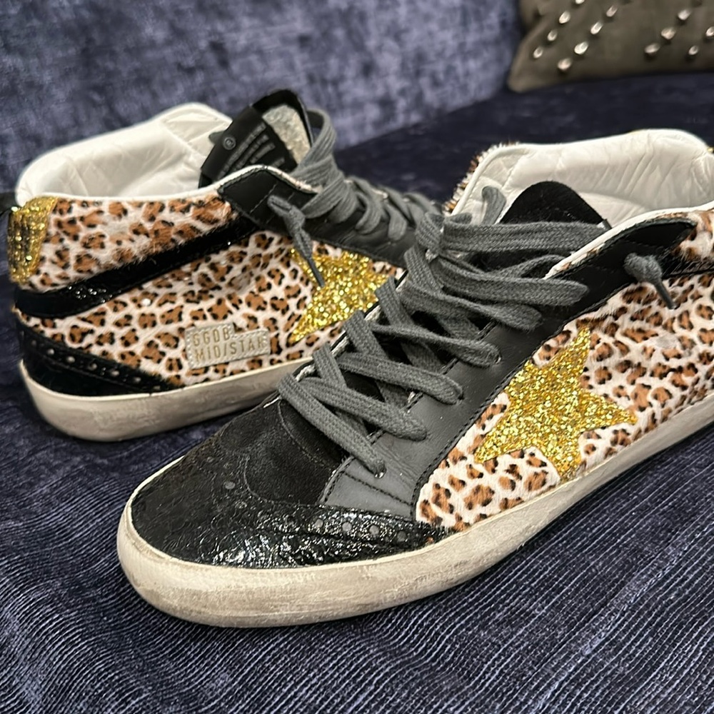 Golden Goose Leopard Print High-Top Sneakers with Gold Glitter Star
